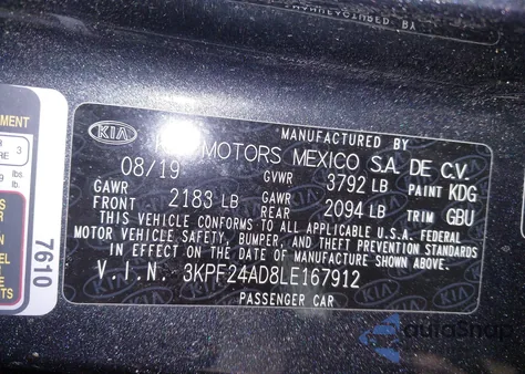 2020 Kia Forte Lxs z USA, uszkodzony, nr VIN 3KPF24AD8LE167912